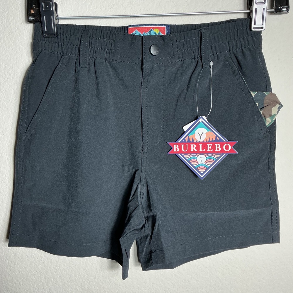 Burlebo Performance Shorts Boys Size M 8 Charcoal Grey Quick Dry Active Camo Pkt